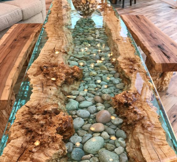 epoxy river table with rocks