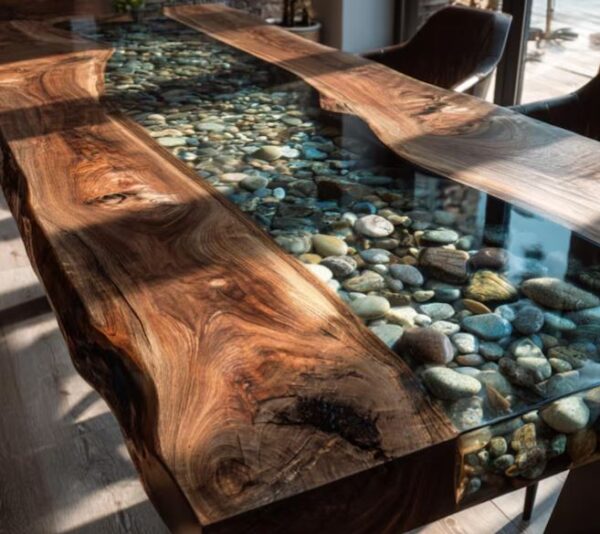 custom river table with rocks