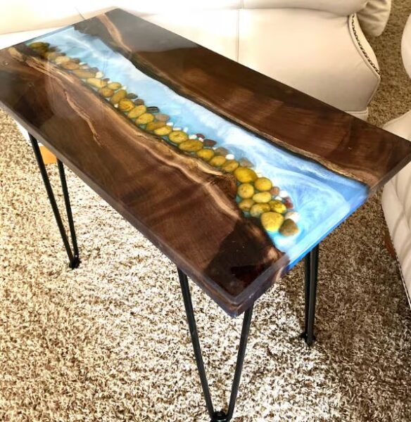 walnut river table with rocks