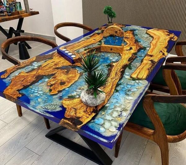 custom river table with rocks